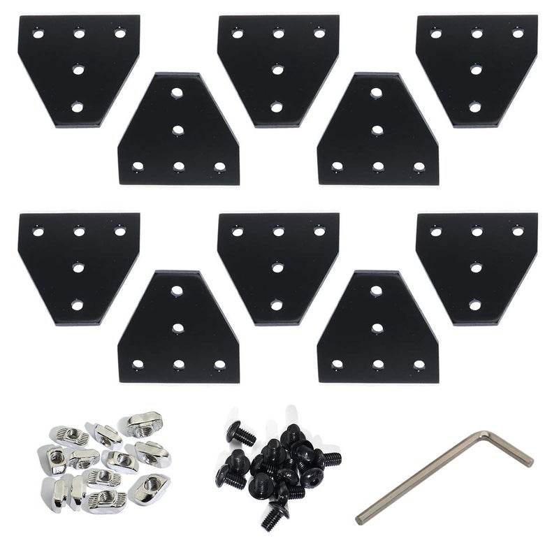 Boeray 10pcs 2020 Series 5 Hole Surface Anodic Oxidation T Shape Plate Outside Corner Bracket Aluminum Profile Connector Set with 50pcs T Nut + 50pcs Hex Screw + 1pcs Wrench Black - Image 1